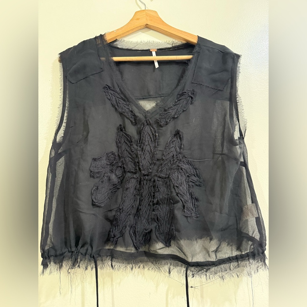 Free People Black Sheer Embroidered V-Neck Camisole Top